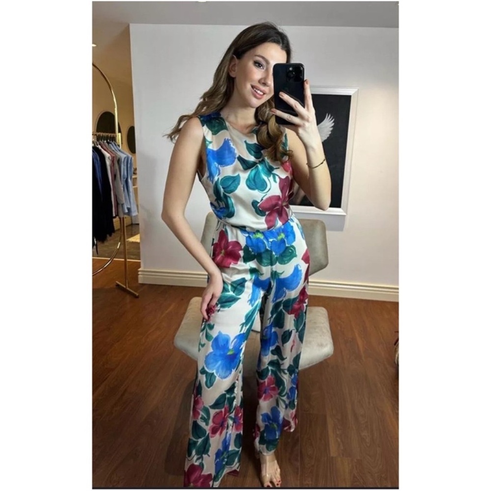 Zara floral flower print satin effect sleeveless jumpsuit Sz XS/M NWT tropical - Picture 5 of 8